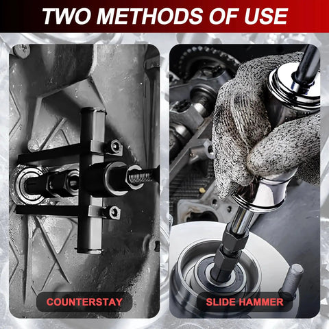 Demonstration of 12 Piece Blind Hole Bearing Puller Kit With Slide Hammer For Motorcycles, showing counterstay and slide hammer use.