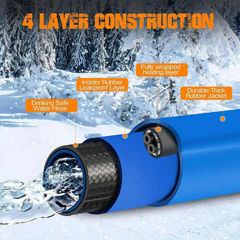 30ft heated water hose for RV with four-layer construction, showing heating layer and durable rubber jacket