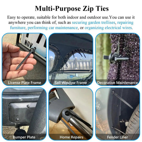 Multi-purpose zip ties used for license plate, sail window, decorative maintenance, bumper, home repairs, and fender liner.