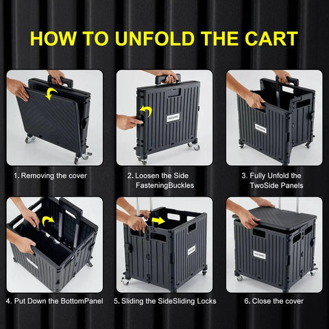 Instructions for unfolding folding utility cart with lid and basket on four 360 degree rotating wheels, black collapsible trolley.