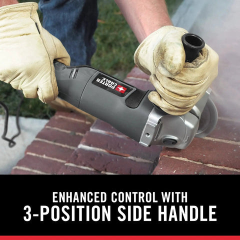Person using the Rugged 4-1/2 Inch 7.5 Amp Angle Grinder With Cast Metal Gear Housing And Soft Grip For Smooth, Controlled Grinding On Any Jobsite Delivers Pro Grade Power With A 3-Position Side Handle From Porter-Cable PC750AG on a brick surface.