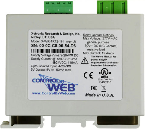 Remote Accessible Ethernet Relay And Digital Input Module Model X-WR-1R12-1I-I with label showing specifications and connectors