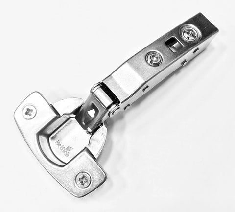 Soft Close Full Overlay Hinge Set For 15 To 22 Mm Doors With 0 Mm Face Frame Plate 35 Mm Cup 12.8 Mm Cup Depth 40 Mm Hole Spacing Clip On Install And Integrated Silent System Hettich Euro 110 in stainless steel, top view.