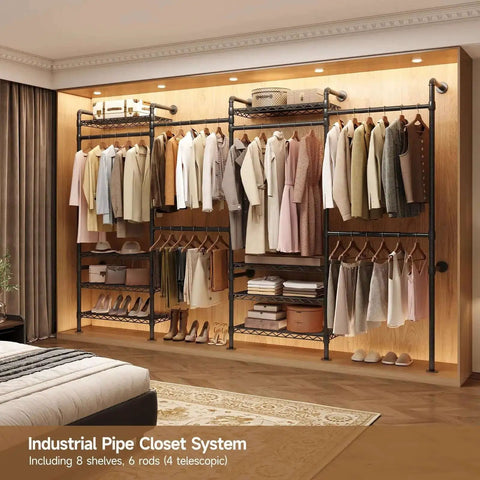 Wall Mounted Garment Rack With Four Expandable Rods And Eight Adjustable Shelves, black metal, installed in walk-in closet