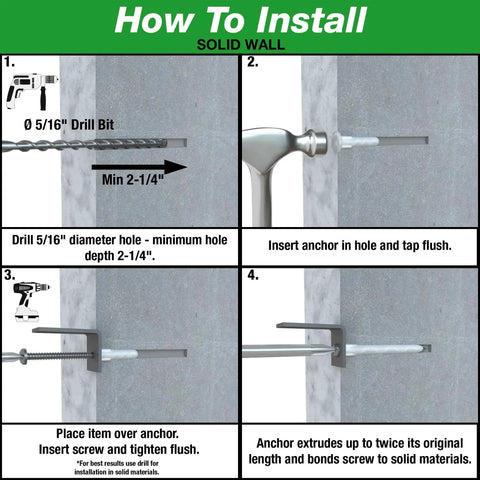 Installation steps for Alligator AF8 Flanged Anchor With Screws, Polypropylene, Made In USA, For Size 8 To 14 Fasteners, Pack Of 20
