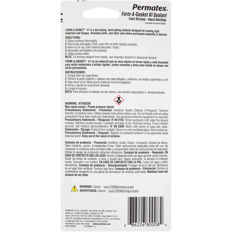 Back view of Form A Gasket Sealant No 1 Fast Drying Hard Setting Sealant Built To Patch Holes And Joints On Rigid Surfaces And Flanges, Resists Auto Fluids Including Fuels, With Temperature Range From Negative 65 Fahrenheit To 400 Fahrenheit, 3 Oz Tube packaging with instructions.