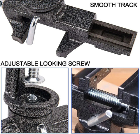 Close-up of Versatile 3 Inch Universal Table Vise Clamp On Portable Bench Clamp with adjustable screw and swivel base.