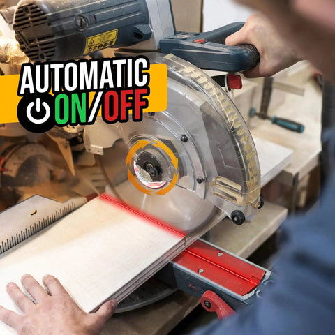 Miter saw laser guide in use, showing precise laser alignment on a board, with automatic on/off feature, compatible with 7-12 inch saws.