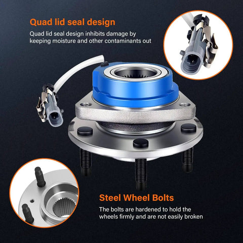 Front Wheel Hub Bearing Assembly 513121 for Buick Regal, ABS 5-lug with quad lid seal design and steel wheel bolts