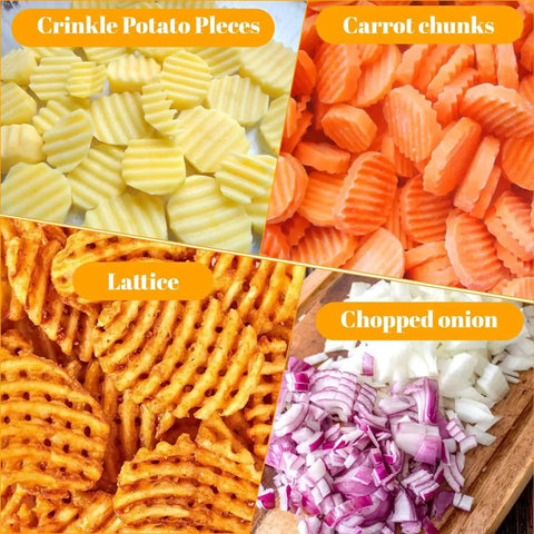 Crinkle-cut potato and carrot pieces, waffle fries, and chopped onion, demonstrating the use of a versatile crinkle cutter for veggies and fries.