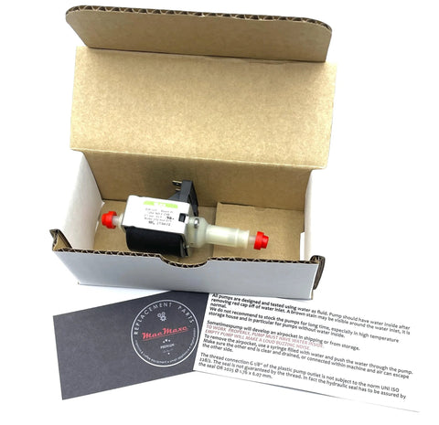 MacMaxe ULKA HF replacement pump for espresso machines; compact solenoid water pump, 2.6 bar max, 120V, red fittings, in box