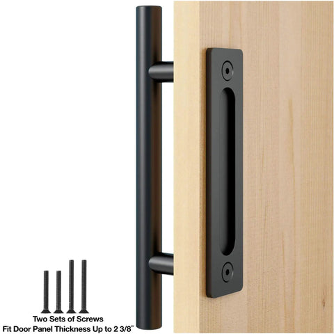 Heavy Duty 12 Inch Pull And Flush Barn Door Handle Set on wood door with matte black finish and ultra-thin backplate, hardware screws shown