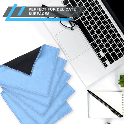 5 Pack Double Sided Microfiber And Suede Cleaning Cloths For Delicate Screens next to laptop and glasses on desk