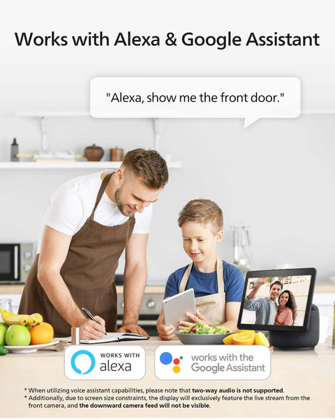 Man and child using Dual Cameras 2K QHD Video Doorbell With Motion Detection, Chime Included, shown on smart display.