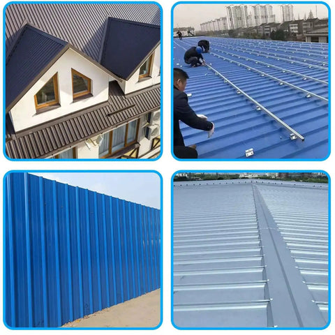 Various metal roofs and fences demonstrating the use of Two Step 90 Degree To 180 Degree Metal Roof Standing Seam Bending Tool With 24 Inch Grip.