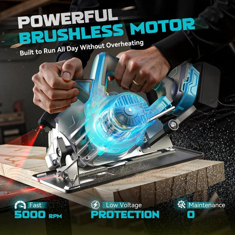 Cordless Circular Saw With Laser Guide By Ecarke For Makita 18V Batteries Bare Tool cutting wood on workbench