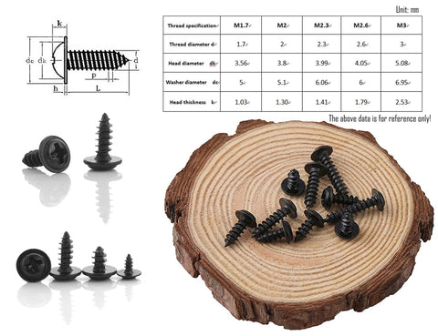 M2.3 And M2.6 Truss Head Self Tapping Screws With Wafer And Pan Washer 1000 Pieces 10 Sizes Assortment Kit on wood surface