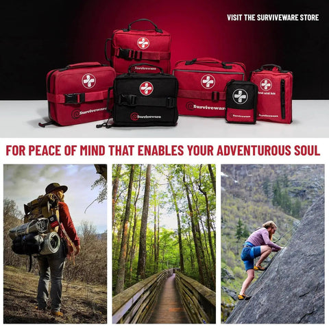 Comprehensive 238 Piece Survival First Aid Kit for travel, camping, and home use with labeled compartments, shown with outdoor scenes.