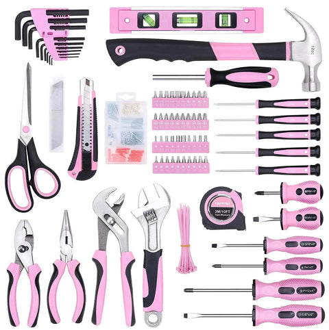 Pink Tool Set For Women 220 Piece Home Repair Kit With Durable Forged Steel Pliers And 12 Inch Wide Mouth Open Storage Tool Bag