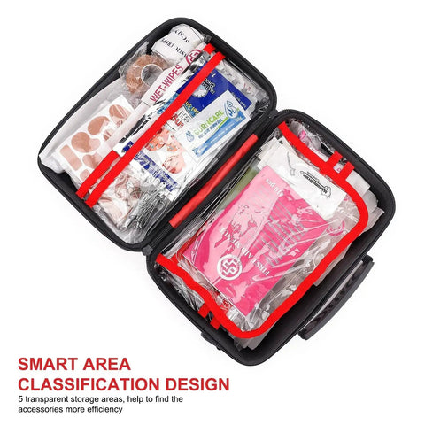 410 Piece Waterproof Hard Shell First Aid Kit For Home Car Travel Camping Truck Hiking Sports Office And Outdoor Emergencies With Multi Compartment Organization And Clear Visibility In Red, open view.