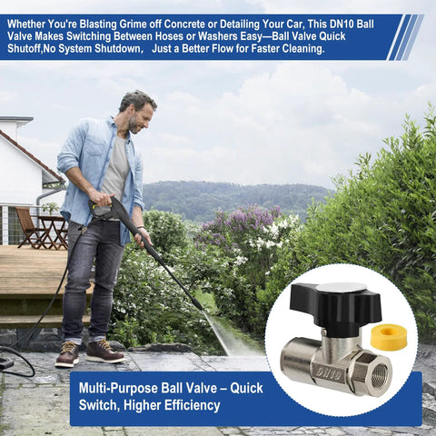 Ball Valve Pressure Washer DN10, heavy-duty 3/8-inch valve for power hoses, metal body, black handle.