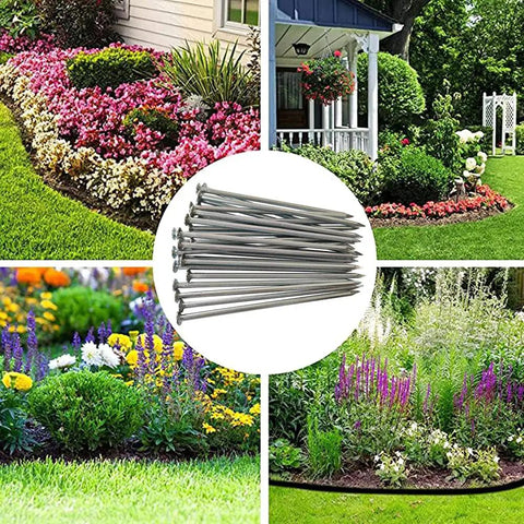 Heavy Duty 6 Inch Metal Nails 144 Pack Landscape Anchoring Spikes For Paver Edging Weed Barriers Turf Tent Stakes And More Ideal For Yard Construction Carpentry Projects shown with garden landscape.