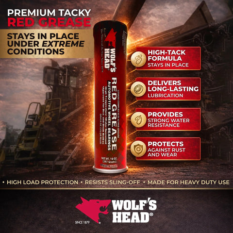 Wolf's Head red grease tube, NLGI #2, 14 oz, pack of 10, made in USA.