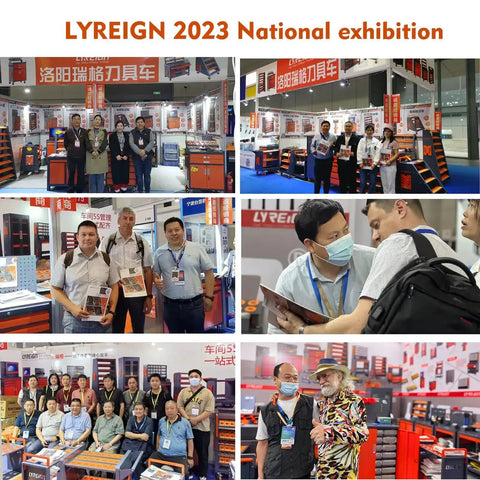 Collage of LYREIGN 2023 National Exhibition showcasing tool displays and attendee interactions at event booths.