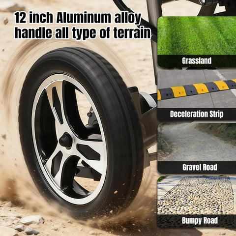 Foldable electric wheelchair wheel close-up, brown frame with 12-inch aluminum alloy rim for all-terrain use.