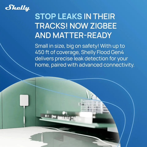 Flood Gen4 Smart Flood Sensor With Leak Cable installed in green room with water detection, Zigbee and Matter-ready, Shelly branding