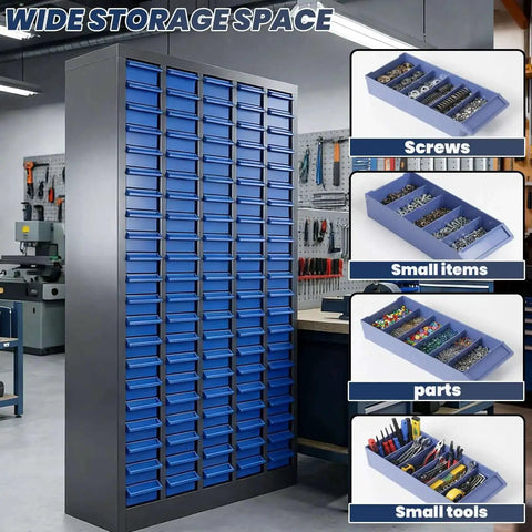 100-Drawer Nut And Bolt Organizer With Stainless Steel Frame, ABS Bins, Shelves And Labels in workshop setting