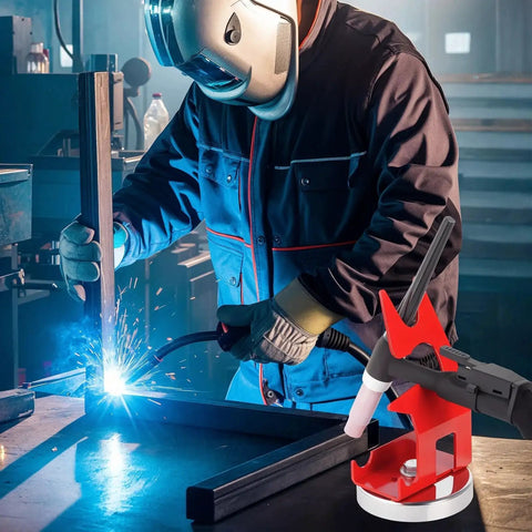 Welder using a TIG torch beside a Magnetic TIG Welding Torch Holder With Strong Magnet Base For Welder Workbench Red, Durable Low Carbon Steel, Stable Torch Stand To Keep Your TIG Torch Secure, Hands Free And Ready To Roll, Themethla on a workbench.