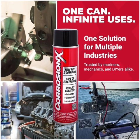 Heavy Duty Rust Inhibitor And Dielectric Lubricant Penetrant For Marine Auto Electronics And RV Gear Delivers Long Lasting Corrosion Shield in a 16 ounce aerosol can displayed with marine and auto equipment.