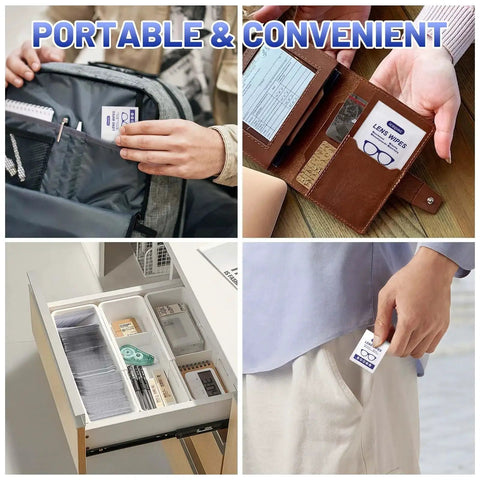 Premoistened Lens Wipes For Glasses And Screens Streak Free Safe For Coatings in pocket, wallet, drawer, and bag