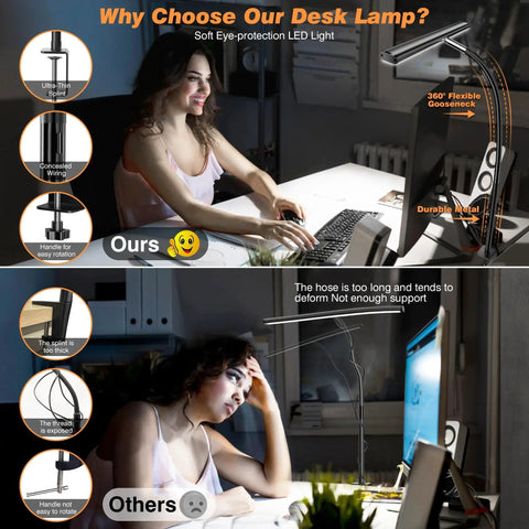 Person using dimmable LED desk lamp with flexible gooseneck and clamp for office and home in a work environment.