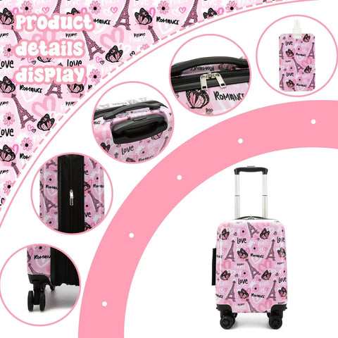 Kids 16 Inch Hardside Luggage Set With Spinner Wheels 2 Piece Carry On Suitcase For Toddlers Girls Airline Approved Travel Gear, pink with love print