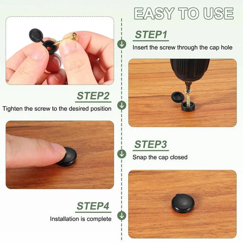 Step-by-step guide for installing 5 Mm Beige Hinged Screw Covers, Plastic Shutter Caps With Fold Snap Washer, 100 Pack instructions.