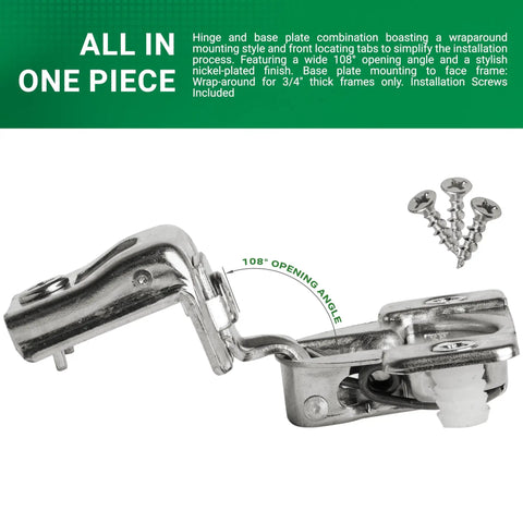 Soft Close Cabinet Hinge For Face Frame Cabinets One And A Quarter Inch Overlay 108 Degree Wrap Around Mount Nickel Plated 2 Pack TEC 864 G02910A15 With Three Tier Adjustment Press In Dowel By Grass in nickel finish with screws