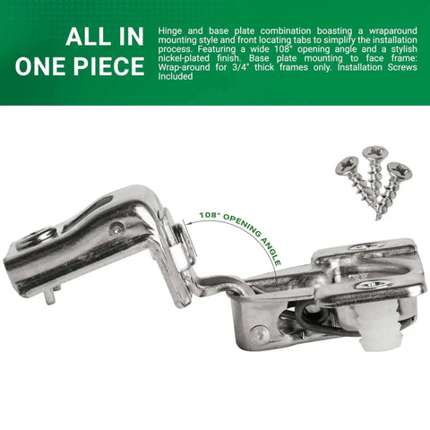 Image showing Soft Close Cabinet Hinges With 1-1/4 Inch Overlay For Face Frame Cabinets, Wrap Around Mount, 108 Degree Angle.