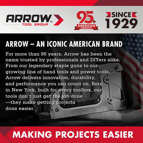 Arrow Tool Group featuring staple gun and American flag background, highlighting over 95 years of service since 1929.