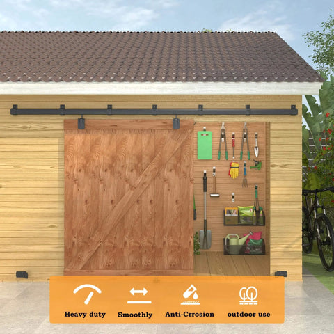 10 Foot Black Box Rail Exterior Barn Door Hardware Kit for Smooth Sliding, Heavy Duty Track System Installed on Wooden Shed