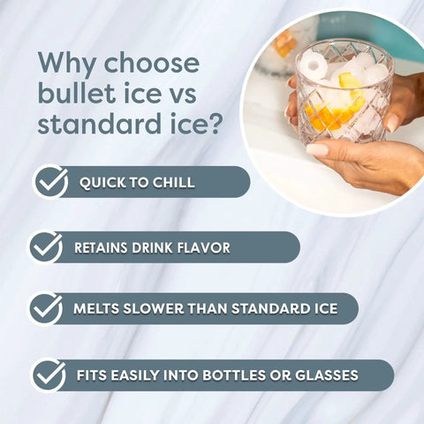 Hand holding glass with bullet ice beside text on bullet ice advantages