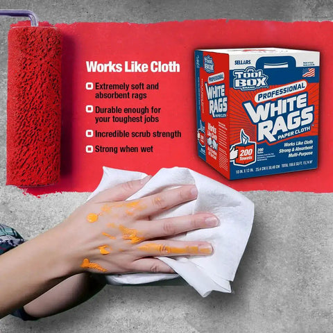 Painters Rags And Shop Towels 200 Count White Center Pull Box Provides Heavy Duty Absorbent Wipes For Paint Cleanup And General Messes