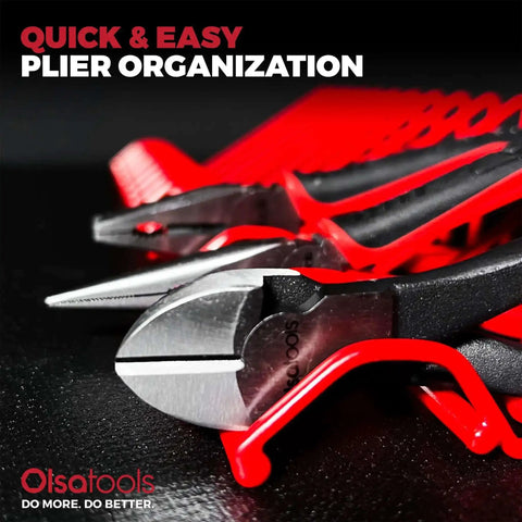 Red pliers rack organizer holding pliers, anti-slip coating, for toolbox drawer storage, fits 16 pliers, pro grade build