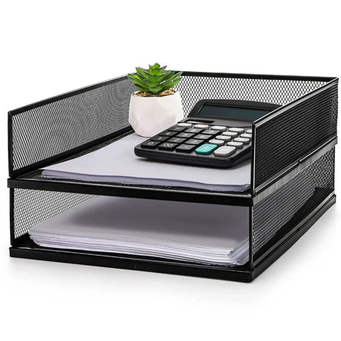 Two Pack Wire Mesh Letter Trays For Desk, Stackable Paper Organizer with calculator and plant, 12.8 by 10 by 2.9 inches