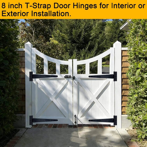 White gate installed with Heavy Duty 12 Inch T Strap Hinges 4 Pack With Screws Rustproof Metal For Shed Barn Gate Fence