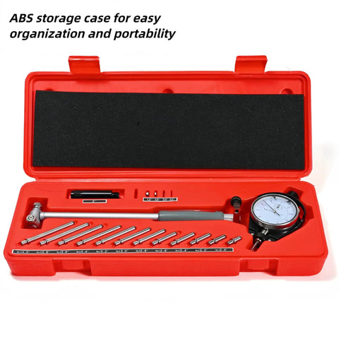 Dial Bore Gauge Set 2 to 6 Inches With 0.001 Inch Accuracy, red ABS storage case showing tools and self centering dial indicator.