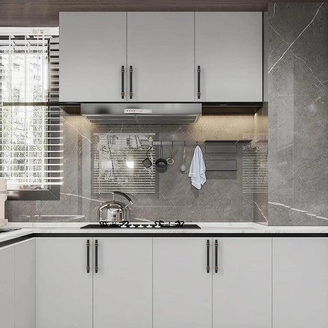 Modern kitchen with 10 Pack 5 Inch Matte Black And Champagne Bronze Cabinet Handles For Kitchen Cabinets, stainless hardware.