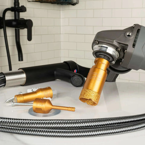 Diamond Hole Saw Bit Heavy Duty Pro Grade One And Three Eighths Inch For Porcelain Ceramic Granite attached to angle grinder
