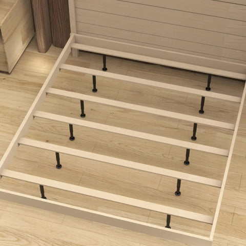 Wood bed frame with Six Pack Adjustable Height Bed Support Legs 7.08 to 12.2 Inches Heavy Duty Metal Bed Frame Slat Center Legs installed